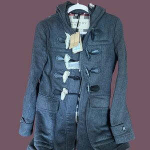 Burberry Charcoal Gray Wool Toggle Trench Coat with Hood